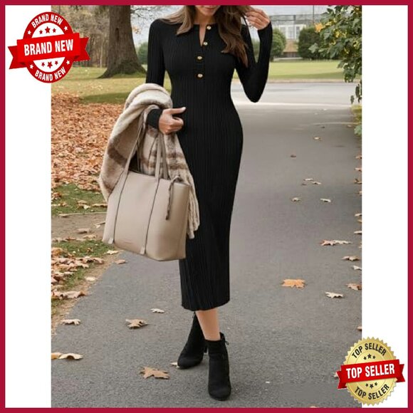 Ribbed Knit Bodycon Sweater Dress Long Sleeve Button Front Midi - Picture 3 of 8